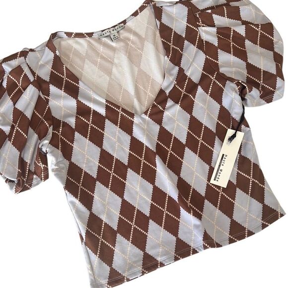 Haute Monde Brown and Light Blue Argyle Plaid Print Crop Top Size Medium NWT - Picture 1 of 11